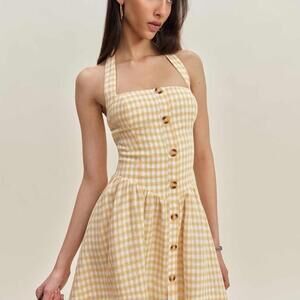 Camila Coelho Yellow Gingham Halter Sun Dress Sz LRG NWT